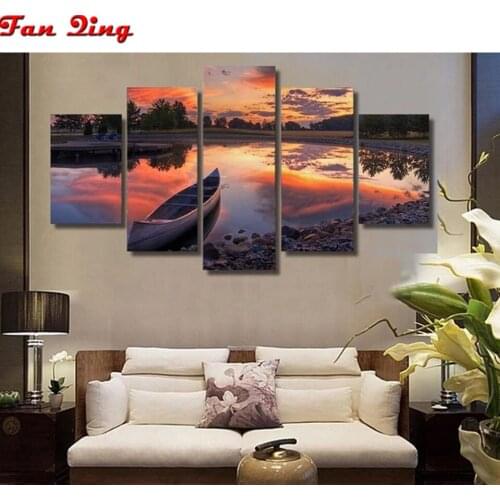 5pcs Diamond painting Lake sunset boat Diamond embroidery Diy square drill rhinestone pasted Crafts Needlework home decor