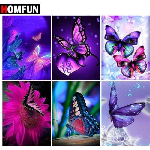 HOMFUN Diamond Painting Full Square/Round Diamond "Butterfly purple flow" Pattern Embroidery Cross Stitch 5D Rhinestone Painting