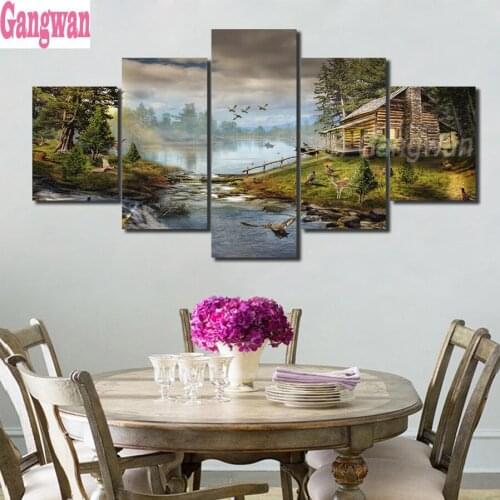 Diamond Painting Rural hut lake Diamond Embroidery Full Drill Rhinestone Mosaic Picture pond poultry tree scenery 5pcs set decor