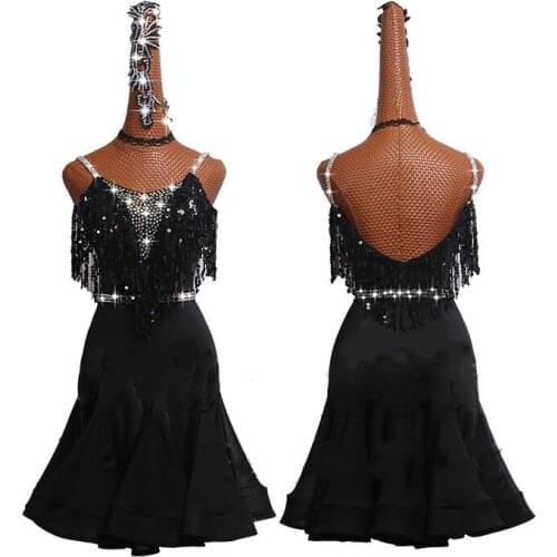 Shining Rhinestone Latin Dance Dress For Women Sexy Black Salsa Fringed Skirt Latin Dresses Female Ballroom Competition Clothes