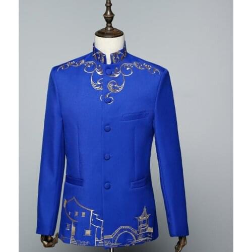 Stand collar blazer men formal dress latest coat pant designs marriage suit men terno masculino trouser wedding suits mens blue