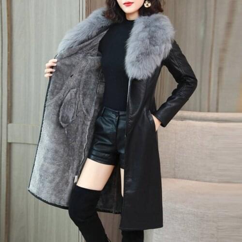 Large Fur Collar Winter Leather Jacket Women Plus Velvet Thick Mid Length 2020 New Slim Slim Waist Coat