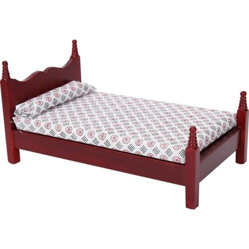 Dollhouse Wood Single Bed Furniture Accessory Design For 1:12 Doll House Mini Red Wooden Single Bed Accessory for Dolls