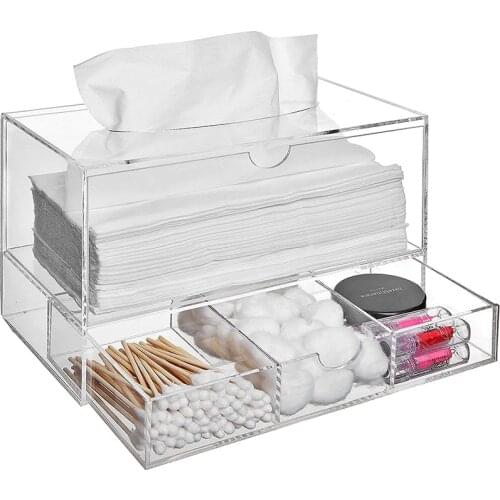 Cotton Ball and Swab Holder Organizer, Acrylic Facial Tissue Dispenser Box Storage Drawer, Make Up Pads, Cosmetics Organizer