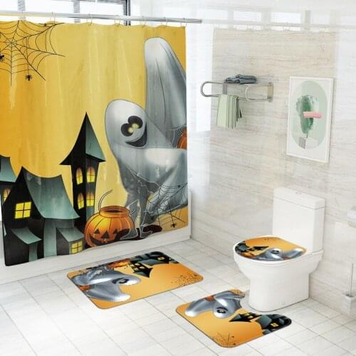 Halloween Home Decor Bath Mat Set Toilet Foot Mat Bath Mat and Shower Curtain set for Bathroom Absorbent Pedestal Toilet Rugs