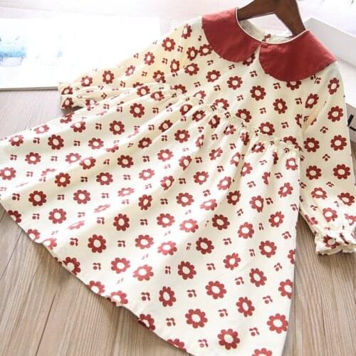 Girls flower print cotton long sleeve princess dresses wholesale