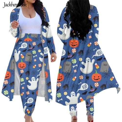 Jackherelook Blue Crows Cats Halloween Pumpkin Print Casual Open Front Cardigan Bodycon Pants Set 2 Piece Outfits Long Leggings