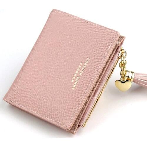 Women Short Wallet Fashion Crossed Grain PU Leather Tassel Zipper Coin Purse Mini Money Bag Girls Small Cute Pink Card Holder