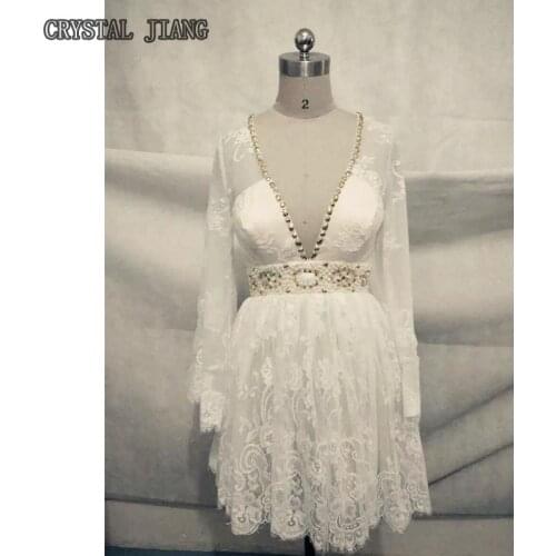 Lace Boho Short Bridesmaid Dress Long Sleeves V Neck Open Back Summer Forest Wedding