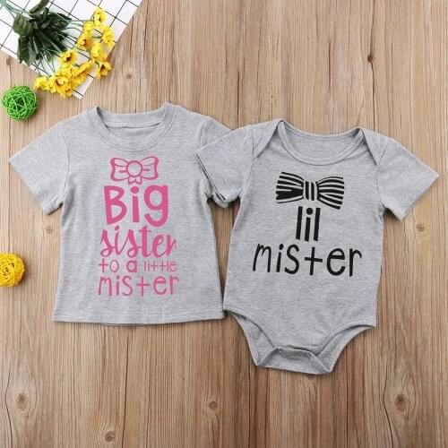 Cute Big Sister Shirt and Little Brother Bodysuit Family Matching T-shirt Big Sister Lil Mister Girl Tees Newborn Romper Clothes