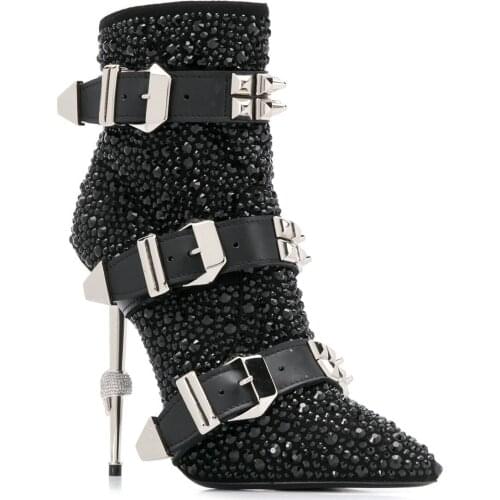 Fashion Crystal Stud Buckle Motorcycle Ankle Boots Womens Pointed Toe Strange Heels Short Booties Ladies High Heels Party Shoes