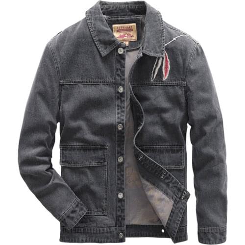 Mcikkny Fashion Mens Spring Cargo Jackets And Coats Embroidery Cotton Denim Jackets For Male Size S-4XL