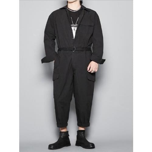 Autumn and winter mens new long sleeve jumpsuit suits British fashion light industry lapel jumpsuit belt pocket jumpsuit