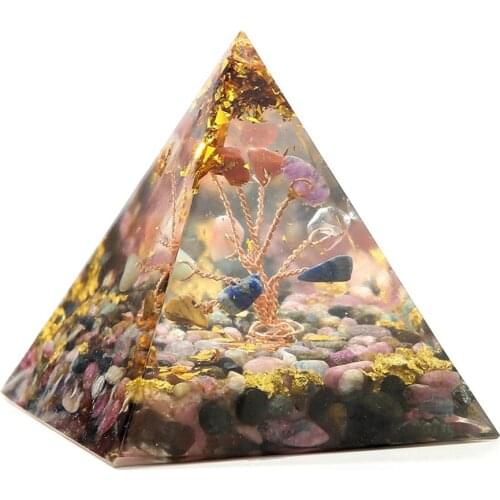 Natural Gravel Tree Of Life 7 Chakra Energy Converter Pyramid Reiki Healing Crystal Soothing Mood Resin Pyramid Ornament Crafts