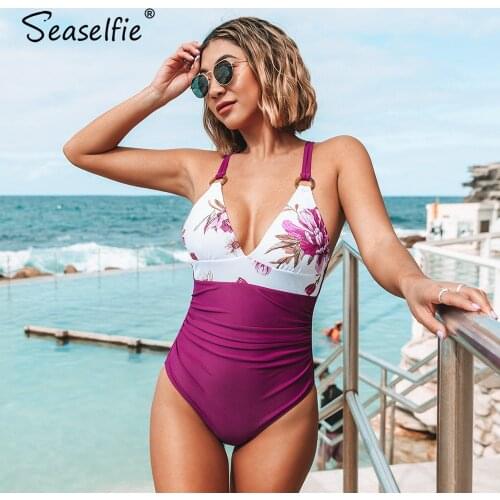 SEASELFIE Purple Floral O-Ring One-piece Swimsuit For Women Sexy V-neck Monokini Swimwear 2021 Beach Bathing Suit Beachwear