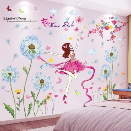 [SHIJUEHEZI] Cartoon Girl Dancer Wall Stickers DIY Dandelion Flowers Wall Decals for Kids Bedroom Baby Room House Decoration
