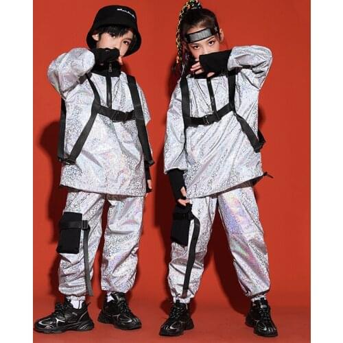 Reflective Hip-Hop Street Dance Clothes Childern Stage Costume Festival Clothing Rave Silver Dancer Outfit Cargo Pants DL8387