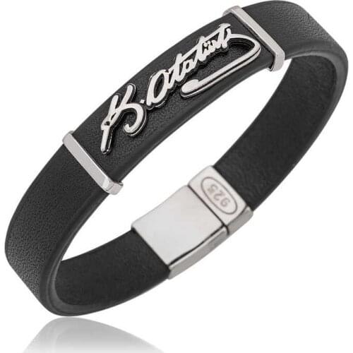 Tevuli 925 Sterling Silver Kemal Ataturk Signed Leather Male Bracelet
