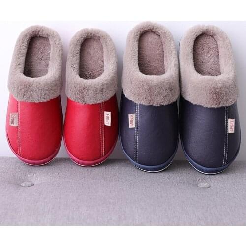 PU Waterproof Slippers Women Men Plush Keep Warm Flat Home Shoes Woman Winter Soft Comfort Female Shoes Sewing Interior Slipper