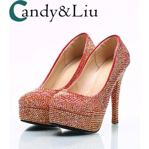Red AB Colorful Wedding Shoes Round Toe Large Size Women Pumps with Platform for Party Banquet Evening Dress Super High Heel