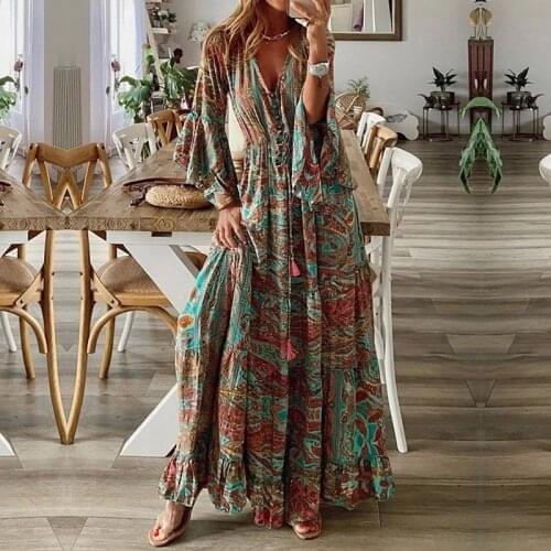 Womens Autumn Maxi Dresses Button Up Floral Print Flowy Dress 2021 Flare Sleeve V-Neck Beach Party Dresses Sundress vestidos