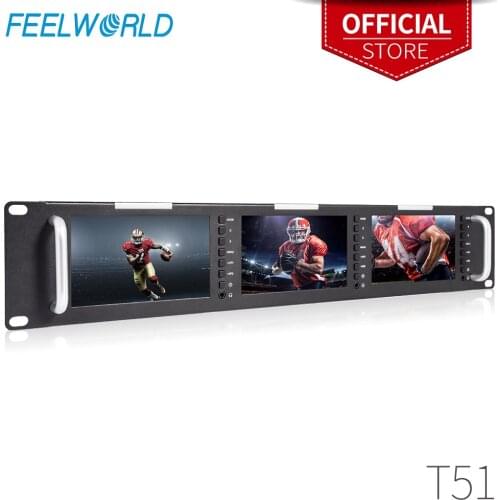 Feelworld T51 Triple 5 Inch 2RU LCD Rack Mount Monitor with 3G-SDI HDMI AV Input and Output Broadcast Level Quality Monitors