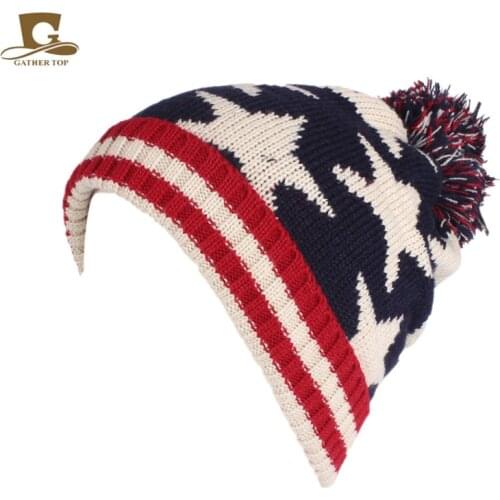 Winter Fur Ball British Flag Knitted Wool Cap TRUMP USA Flag Hat Ear Warmer Cap Crochet Knit Cap Skullies Beanies Warm Caps UK