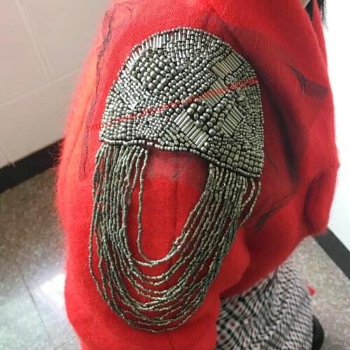 2pcs/lot grey beads patch with tassel for garment shoulders accessory hand beaded applique for jacket shoulders clothing beads