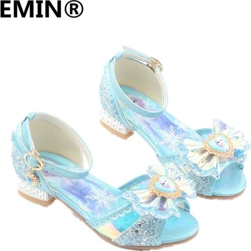 EMIN ice and snow princess shoes leather girls high heels sequins wedding party children dress fashion sandals dance pearl summe