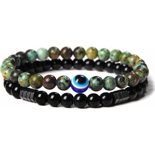 Evil Eye Bracelet Set Natural 6 mm African Turquois Beads Bangle Men Fengshui Black Onyx Heamtite Bracelet Women Stretch Pulsera