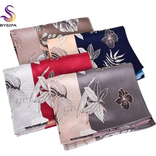 BYSIFA|New Luxury Pure Silk Long Scarf Shawl Fashion Blue Coffee Womens Scarves Wraps Flower Design Winter Neck Scarves170*53cm