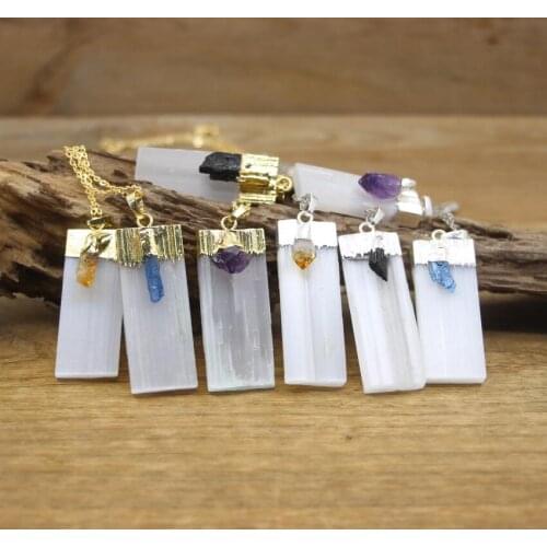 Natural Selenite Rectangle Slice Pendants Necklaces,Healing Energy Crystal White Quartz Slice Chams Chains Women Jewelry,QC3062