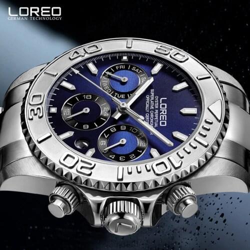 LOREO Mens Watches Top Brand Luxury Sapphire Automatic Mechanical Watch Men Stainless steel 200 Waterproof Blue Dial Watch
