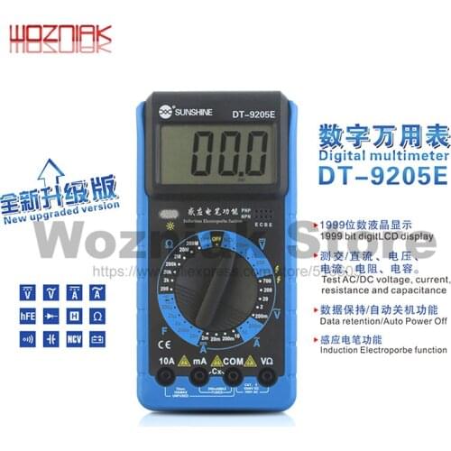 DT-9205E Digital Multimeter LCD Display Auto Power Ranging AC/DC Voltage Current Induction Elextroprobe Data Retention Sunshine