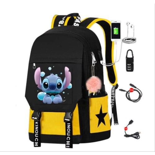 Disney Cartoon Stitch Backpack For School Girl Boy USB Charging Backpack Stitch Teenagers Backpack Laptop bag 17 inch
