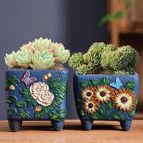 Coarse Pottery Retro Colorful Painted Flower Pot with Foot Stand Succulent Plant Flowerpot Bonsai Planter Vase Desktop Ornaments