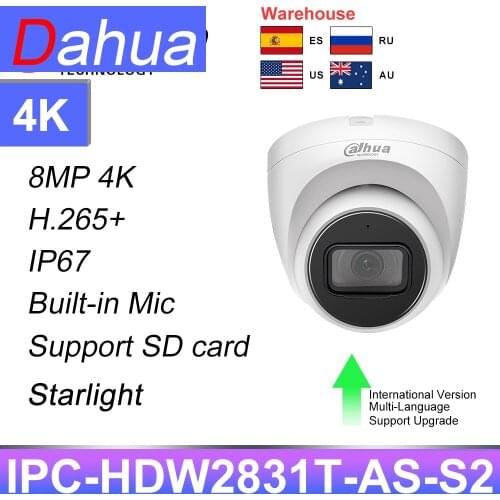 Dahua Original IPC-HDW2831T-AS-S2 8MP 4K IP Camera Security Outdoor PoE Mic Card Slot H.265 IR30m IVS Onvif IP67 Starlight Cam