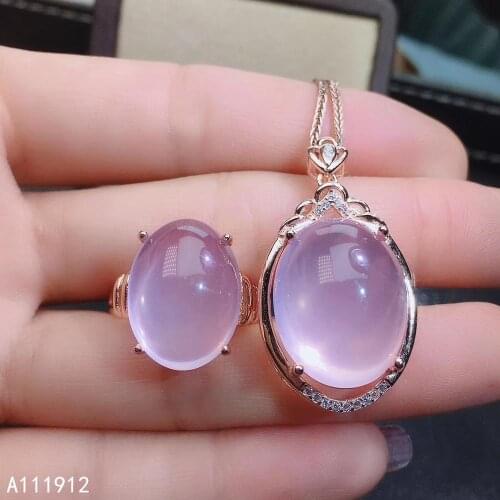 KJJEAXCMY fine jewelry natural Rose Quartz 925 sterling silver women pendant necklace chain ring set support test fashion