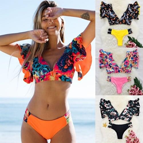 Tropical Style Women Bikini Set Ruffle Floral Printed High Waist Swimwear Summer Flower Swimsuit Biquini Bathing Suit Female