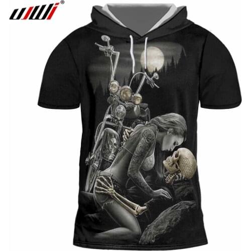 UJWI 2019 Summer Tops Mens Funny Print Corpse Bride Motorcycle Skull 3d Hooded Tshirt Man Hiphop Short Sleeve Casual T-shirts
