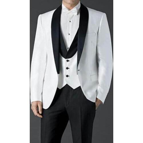 Men Suit 3 Piece Wedding Groom Tuxedos Shawl Lapel White and Black Best Men Suits Set Jacket Vest and Black Pants New Fashion