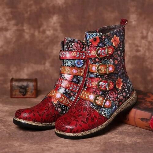 New Socofy Women Boots Retro Printed Metal Buckle PU Leather Zipper Ankle Boots Platform Ladies Shoes Women Botines Mujer