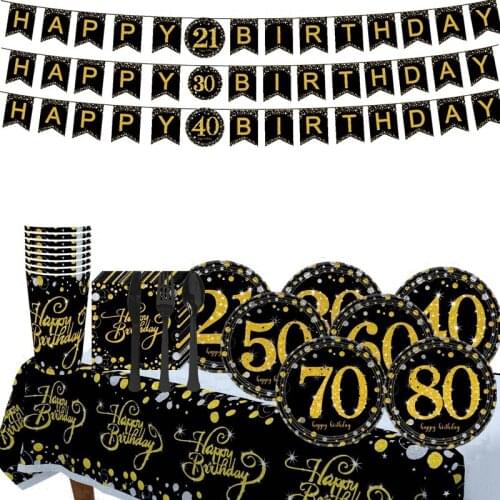 21th 30th 40th 50th 60th 70th 80th Adult Birthday Anniversary Disposable Set Party Supplies Black Gold Cup Plate 8 People Apply