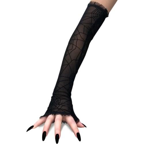 Womens Half Finger Spider Web Pattern Gloves Props Cosplay Performance Gloves For Halloween Decoration Dress Up Dance Party