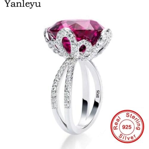 Yanleyu Luxury Wedding Band Rings for Women Big Red Gem Stone Crystal Engagement Ring 925 Sterling Silver Vintage Jewelry PR016