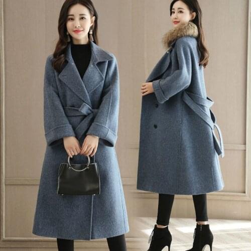 Blue woolen coat female long section Korean version 2020 winter new over the knee Hepburn wind thin woolen coat female