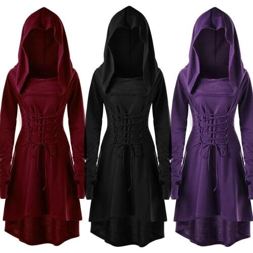 Spring Autumn Long Gothic Dress Cloak Women Hooded Punk Women Clothing Plus Size Lace Up Dresses For Women Vestidos Costume #A