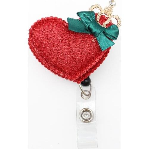 Felt red heart shape bow Retractable ID Name Tag Badge Reel Holder with Alligator Clip