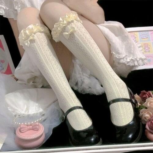 Japanese Women Lolita Satin Ruffles Calf Socks Sweet Bowknot Hollow Out Striped Pattern Student Summer Thin Knee High Stockings