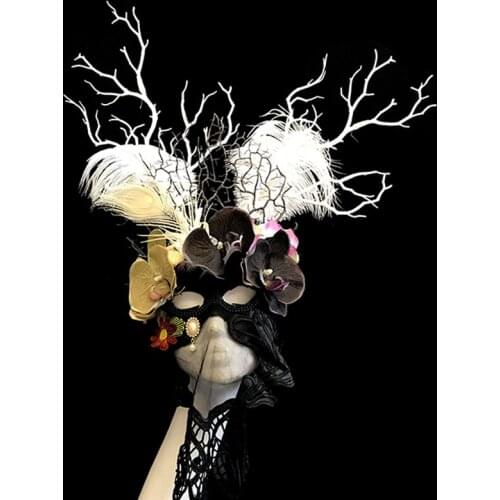 Fashion Women Girl Antler Hairbands Flower Lace Veil Mask Halloween Party Headwear Hair Accessories Ball Dancing Party Masks